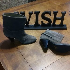 Taupe suede slouchy booties.